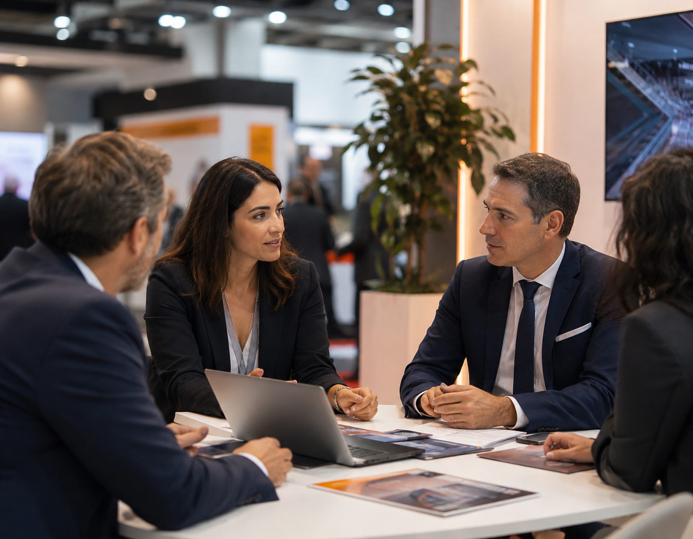 Exhibition booth meeting and brand discussion